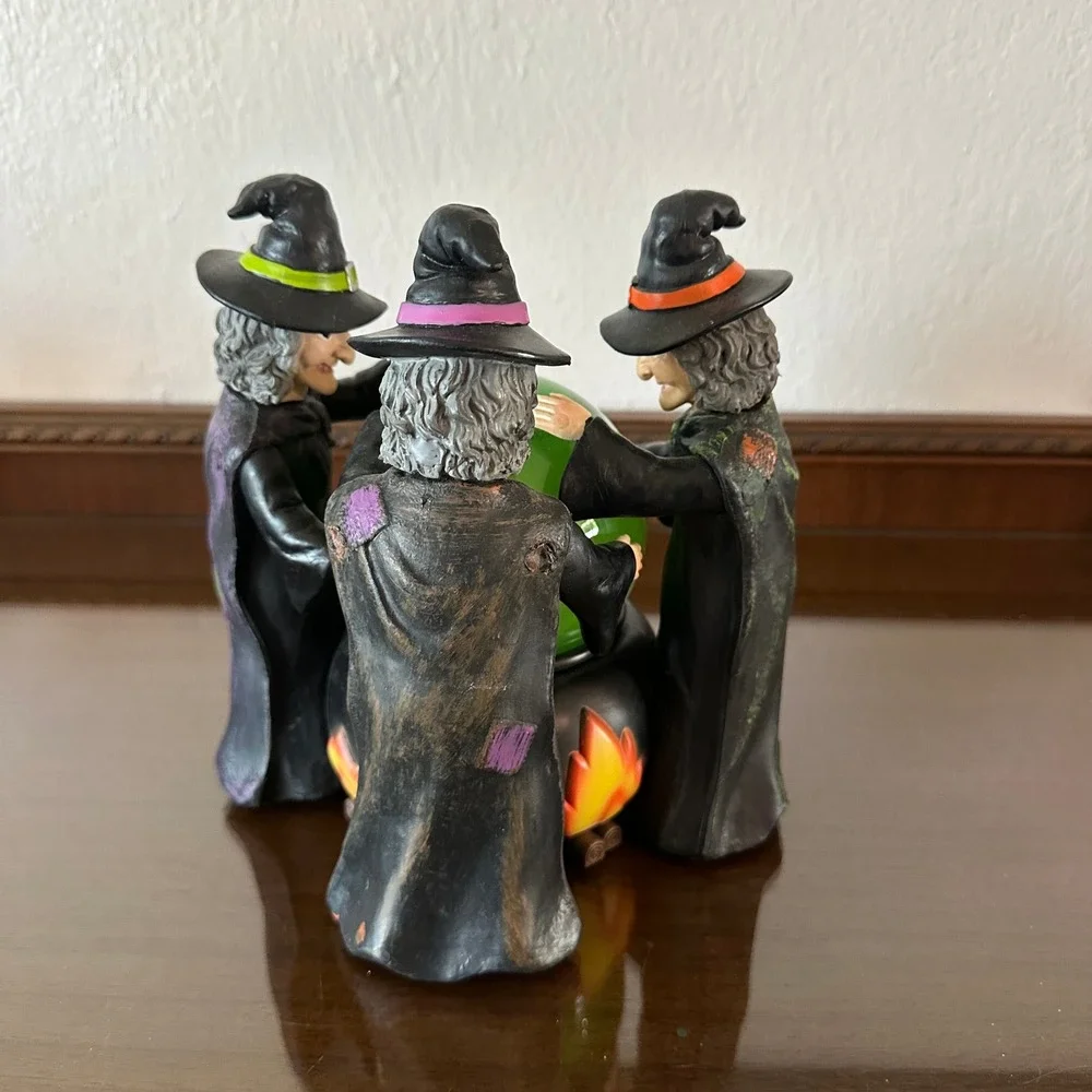 Halloween Snow Globe Three Witches Green Glowing Swirl Cauldron Over Fire 9in